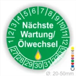 Nächste Wartung Ölwechsel Prüfplakette, Prüfaufkleber gruen mit Monats- und Jahresring, runde Wartungsplakette zur Kennzeichnung des nächsten Ölwechsels, Durchmesser 20–50 mm