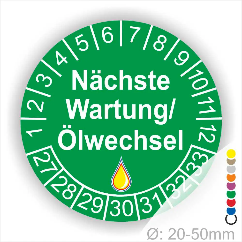 Nächste Wartung Ölwechsel Prüfplakette, Prüfaufkleber gruen mit Monats- und Jahresring, runde Wartungsplakette zur Kennzeichnung des nächsten Ölwechsels, Durchmesser 20–50 mm