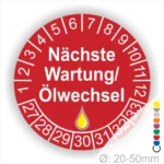 Nächste Wartung Ölwechsel Prüfplakette rot mit Monats- und Jahresring, runde Wartungsplakette zur Kennzeichnung des nächsten Ölwechsels, Durchmesser 20–50 mm