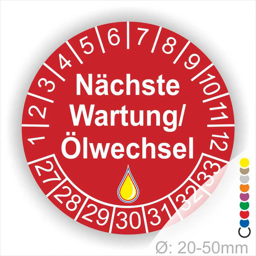 Nächste Wartung Ölwechsel Prüfplakette rot mit Monats- und Jahresring, runde Wartungsplakette zur Kennzeichnung des nächsten Ölwechsels, Durchmesser 20–50 mm