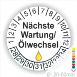 Prüfetiketten, Prüfaukleber rund, Farbe- Weiß, Text "Nächste Wartung/Ölwechsel" in Schwarz. Startjahr- 28, Monatszahlen Oben und Jahreszahlen Unten in Kreisform, über den Jahreszahlen ein Öltropfen als Icon/Piktogramm in Farbe Gelb.