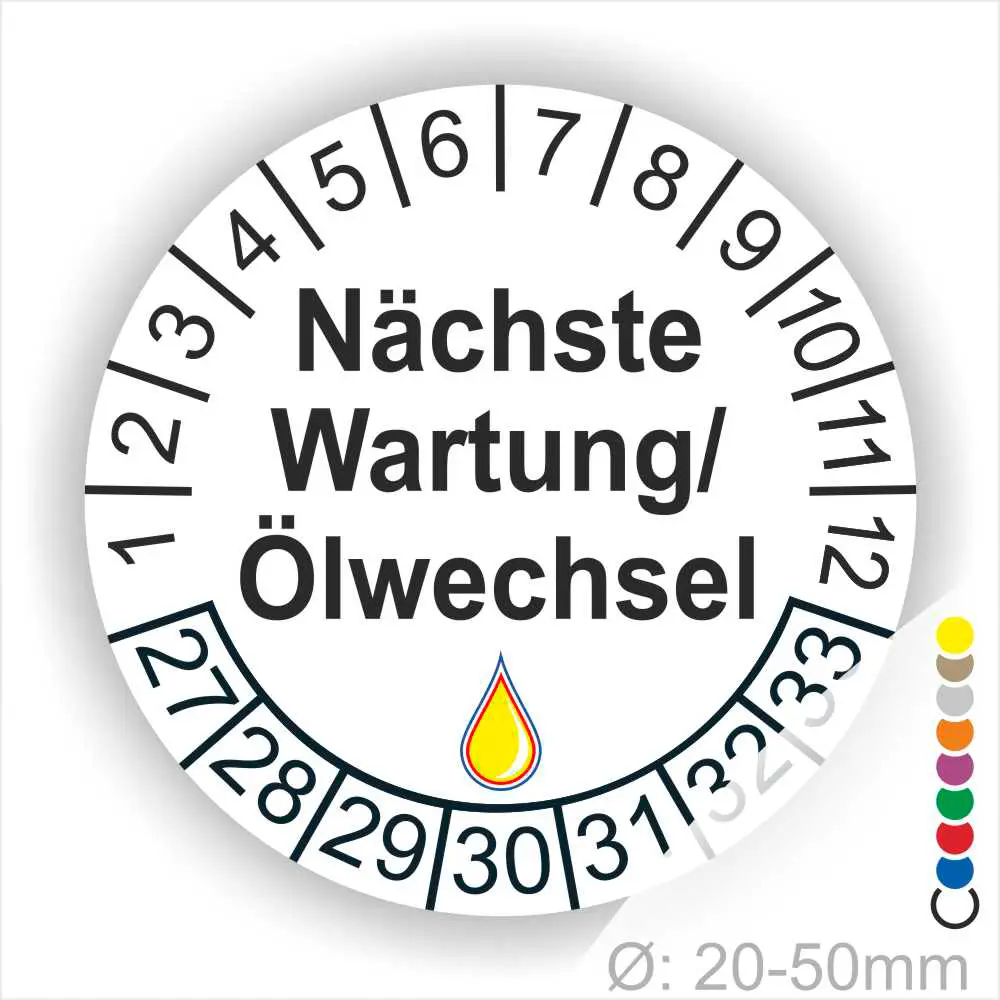 Nächste Wartung Ölwechsel Prüfaufkleber weiss mit Monats- und Jahresring, runde Wartungsplakette zur Kennzeichnung des nächsten Ölwechsels, Durchmesser 20–50 mm