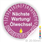 Prüfetiketten, Serviceplakette rund, Farbe- Blau, Text "Nächste Wartung/Ölwechsel" in Weiß. Startjahr- 29, Monatszahlen Oben und Jahreszahlen Unten in Kreisform, über den Jahreszahlen ein Öltropfen als Icon/Piktogramm in Gelb.