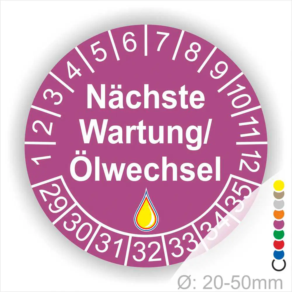 Prüfetiketten, Serviceplakette rund, Farbe- Blau, Text "Nächste Wartung/Ölwechsel" in Weiß. Startjahr- 29, Monatszahlen Oben und Jahreszahlen Unten in Kreisform, über den Jahreszahlen ein Öltropfen als Icon/Piktogramm in Gelb.
