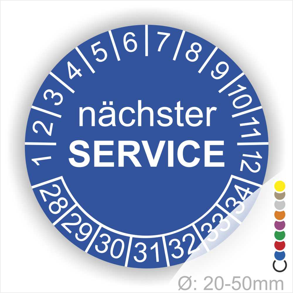 Nächster Service Prüfplakette blau mit Monats- und Jahresring, runde Serviceplakette zur Kennzeichnung des nächsten Wartungstermins, Durchmesser 20–50 mm