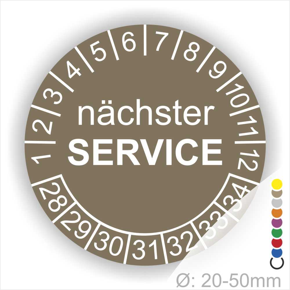 Nächster Service Prüfplakette braun mit Monats- und Jahresring, runde Serviceplakette zur Kennzeichnung des nächsten Wartungstermins, Durchmesser 20–50 mm