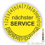 Nächster Service Prüfplakette gelb mit Monats- und Jahresring, runde Serviceplakette zur Kennzeichnung des nächsten Wartungstermins, Durchmesser 20–50 mm