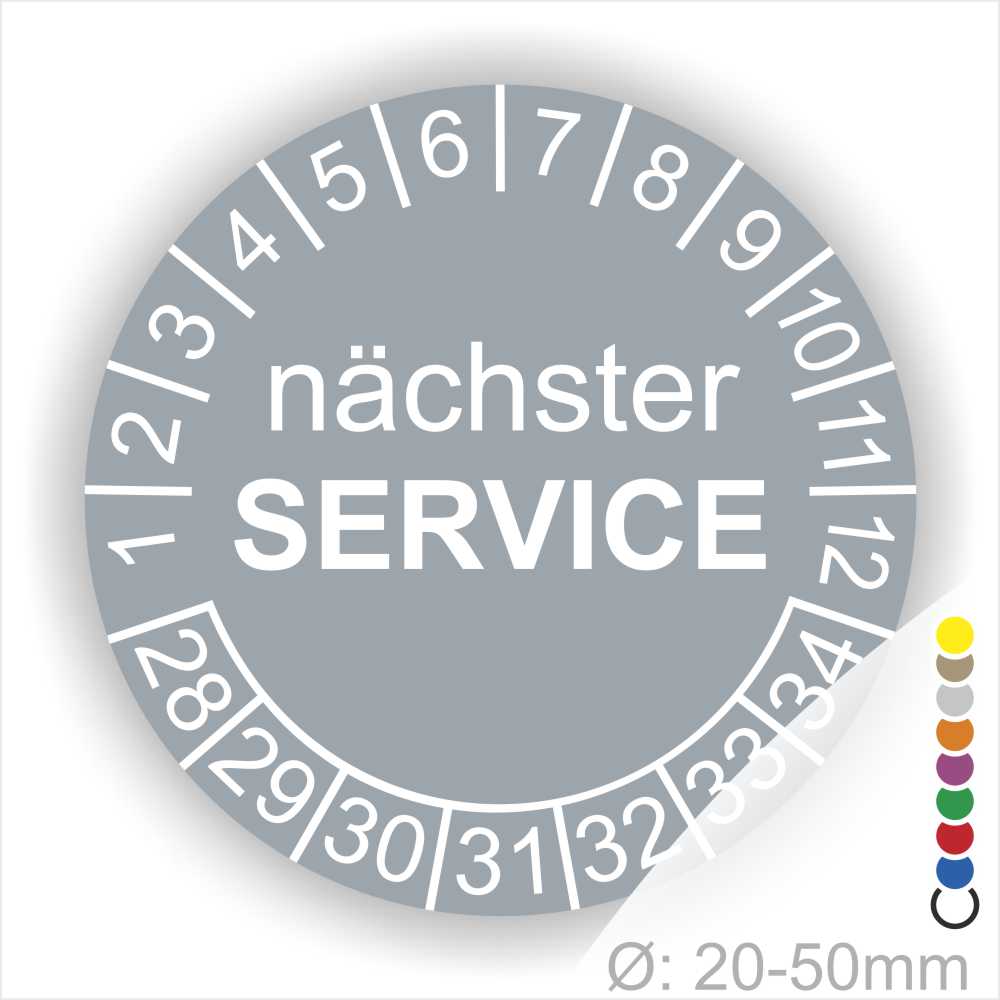 Nächster Service Prüfplakette grau mit Monats- und Jahresring, runde Serviceplakette zur Kennzeichnung des nächsten Wartungstermins, Durchmesser 20–50 mm