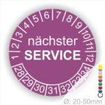 Nächster Service Prüfplakette lila mit Monats- und Jahresring, runde Serviceplakette zur Kennzeichnung des nächsten Wartungstermins, Durchmesser 20–50 mm