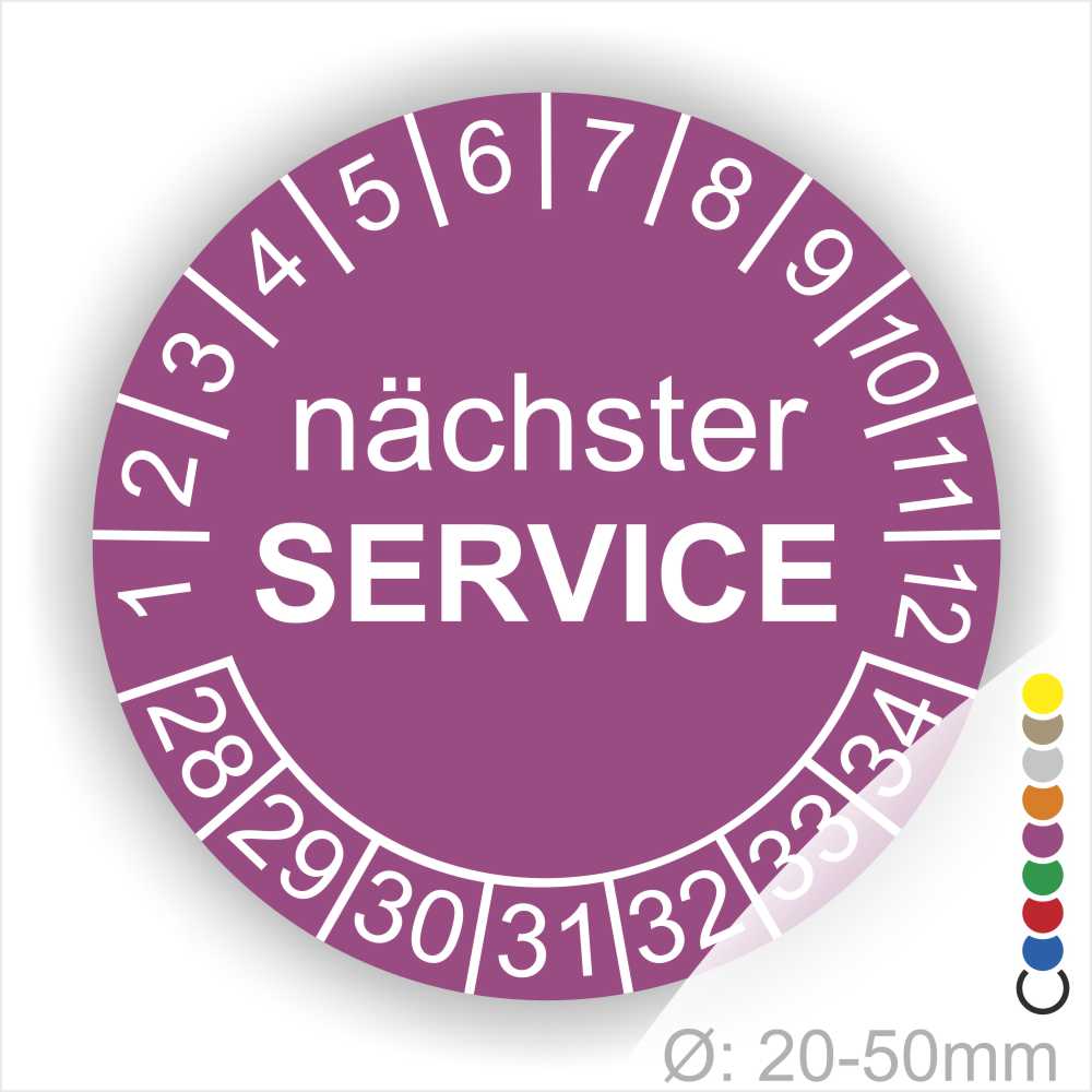 Nächster Service Prüfplakette lila mit Monats- und Jahresring, runde Serviceplakette zur Kennzeichnung des nächsten Wartungstermins, Durchmesser 20–50 mm