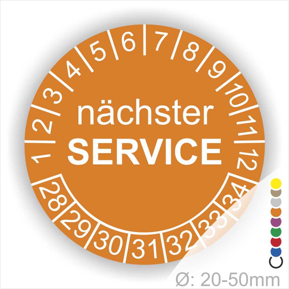 Nächster Service Prüfplakette orange- mit Monats- und Jahresring, runde Serviceplakette zur Kennzeichnung des nächsten Wartungstermins, Durchmesser 20–50 mm