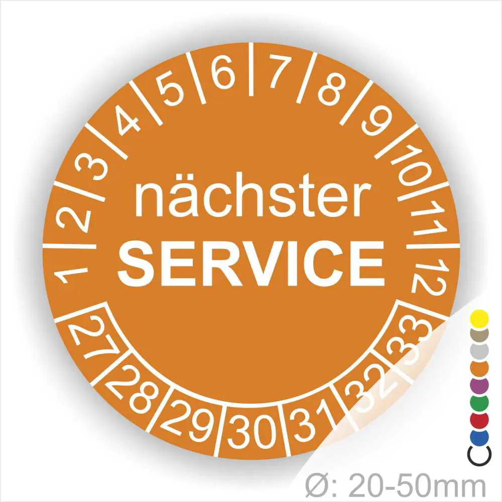 Prüfaufkleber, Prüfetiketten rund, Farbe- Orange, Text "nächster SERVICE" in weiß. Startjahr- 27, Monatszahlen Oben und Jahreszahlen Unten in Kreisform.