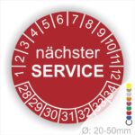 Nächster Service Prüfplakette rot mit Monats- und Jahresring, runde Serviceplakette zur Kennzeichnung des nächsten Wartungstermins, Durchmesser 20–50 mm