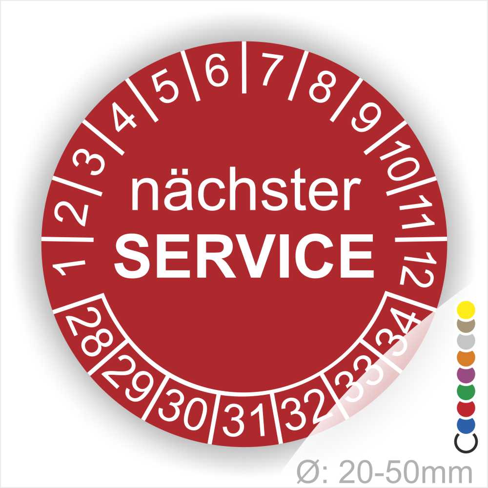 Nächster Service Prüfplakette rot mit Monats- und Jahresring, runde Serviceplakette zur Kennzeichnung des nächsten Wartungstermins, Durchmesser 20–50 mm