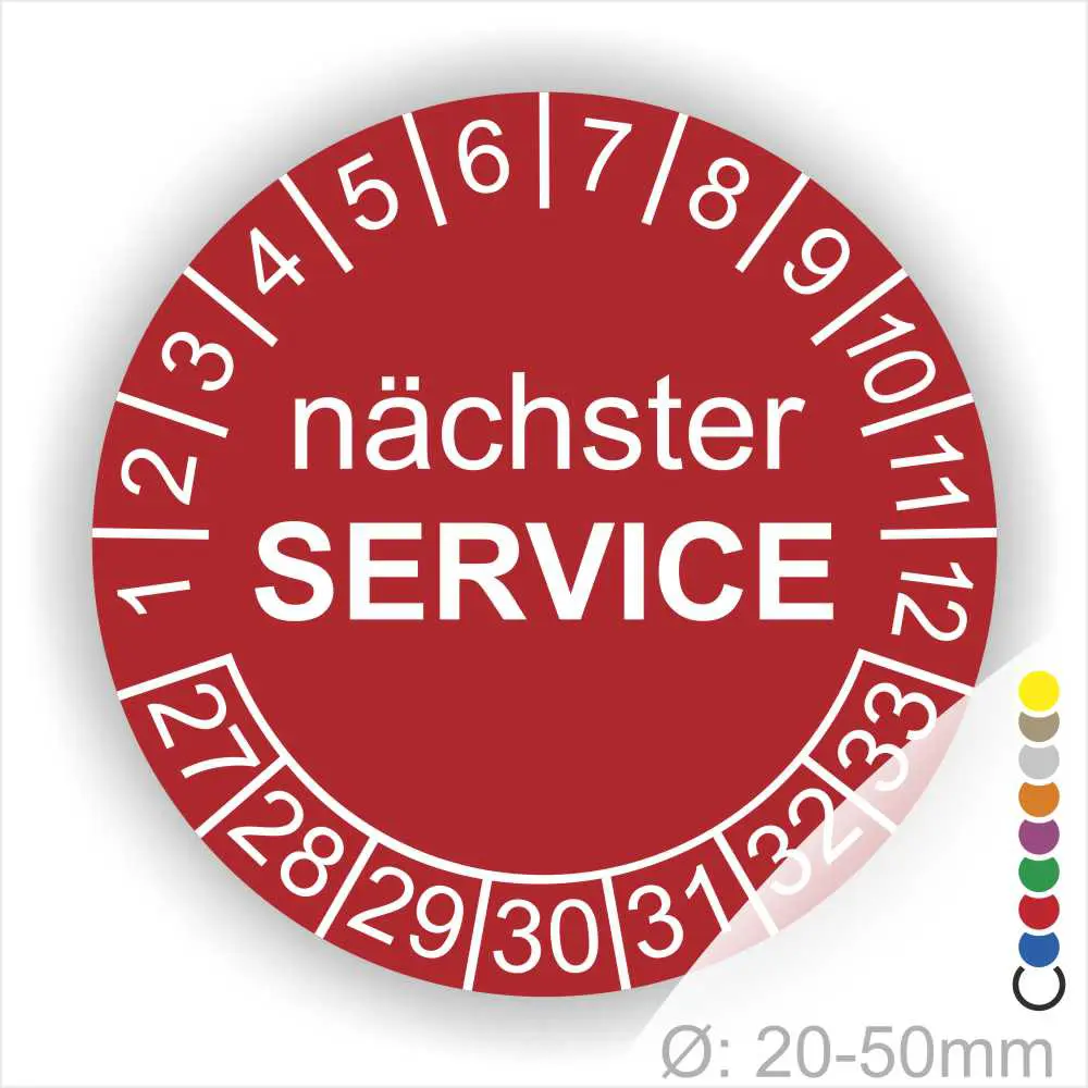 Prüfaufkleber, Prüfetiketten rund, Farbe- Rot, Text "nächster SERVICE" in weiß. Startjahr- 27, Monatszahlen Oben und Jahreszahlen Unten in Kreisform.