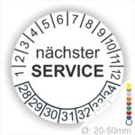 Nächster Service Prüfplakette weiss mit Monats- und Jahresring, runde Serviceplakette zur Kennzeichnung des nächsten Wartungstermins, Durchmesser 20–50 mm