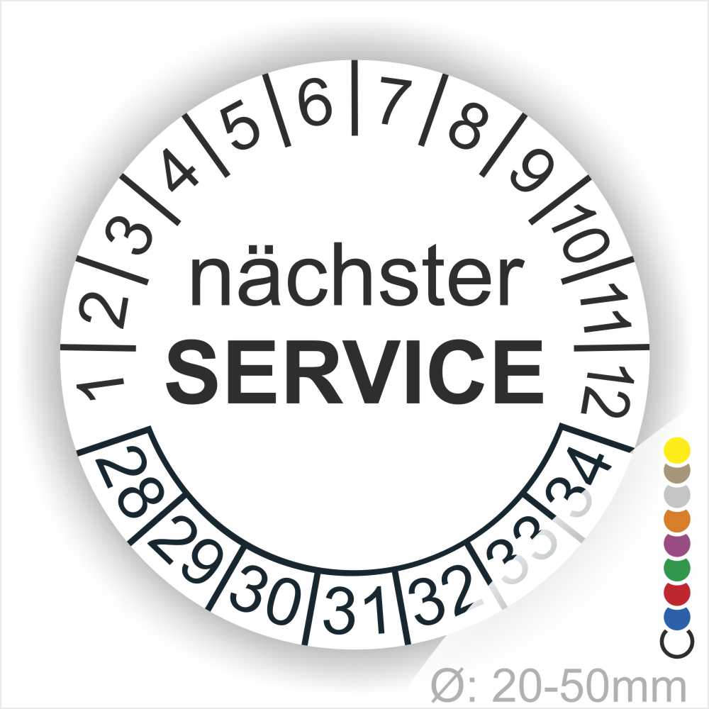 Nächster Service Prüfplakette weiss mit Monats- und Jahresring, runde Serviceplakette zur Kennzeichnung des nächsten Wartungstermins, Durchmesser 20–50 mm