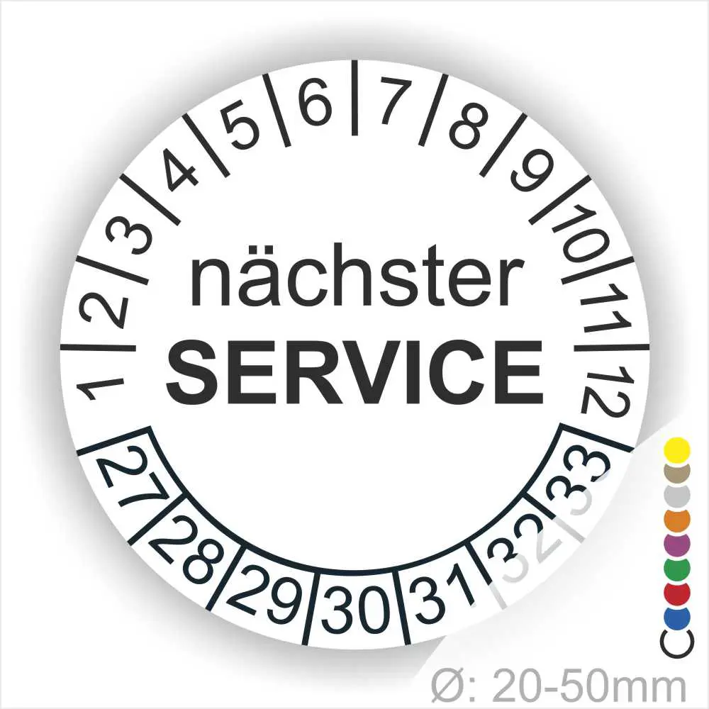 Prüfsiegel, Prüfetiketten rund, Farbe- Gelb, Text "nächster SERVICE" in Schwarz. Startjahr- 27, Monatszahlen Oben und Jahreszahlen Unten in Kreisform.