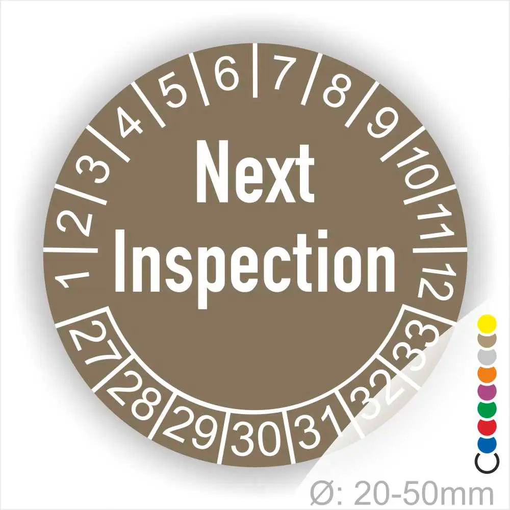Next Inspection Prüfplakette braun mit Monats- und Jahresring, runde Prüfplakette zur Kennzeichnung des nächsten Inspektionstermins, Durchmesser 20–50 mm