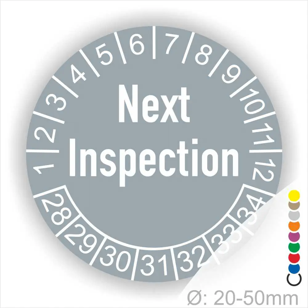 Next Inspection Prüfplakette grau mit Monats- und Jahresring, runde Prüfplakette zur Kennzeichnung des nächsten Inspektionstermins, Durchmesser 20–50 mm