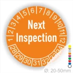 Next Inspection Prüfplakette orange mit Monats- und Jahresring, runde Prüfplakette zur Kennzeichnung des nächsten Inspektionstermins, Durchmesser 20–50 mm