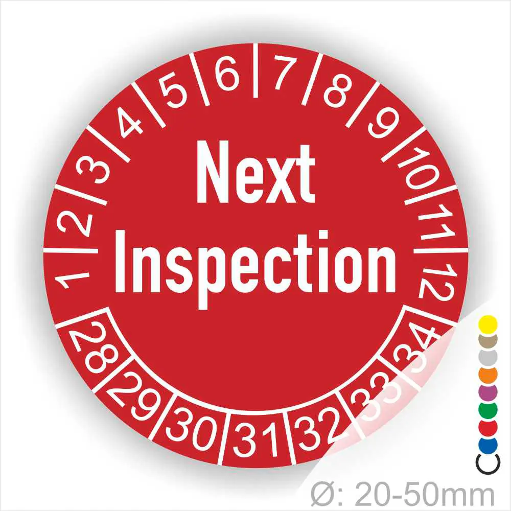 Next Inspection Prüfplakette rot mit Monats- und Jahresring, runde Prüfplakette zur Kennzeichnung des nächsten Inspektionstermins, Durchmesser 20–50 mm