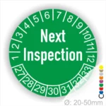 Next Inspection Prüfplakette grün mit Monats- und Jahresring, runde Prüfplakette zur Kennzeichnung des nächsten Inspektionstermins, Durchmesser 20–50 mm