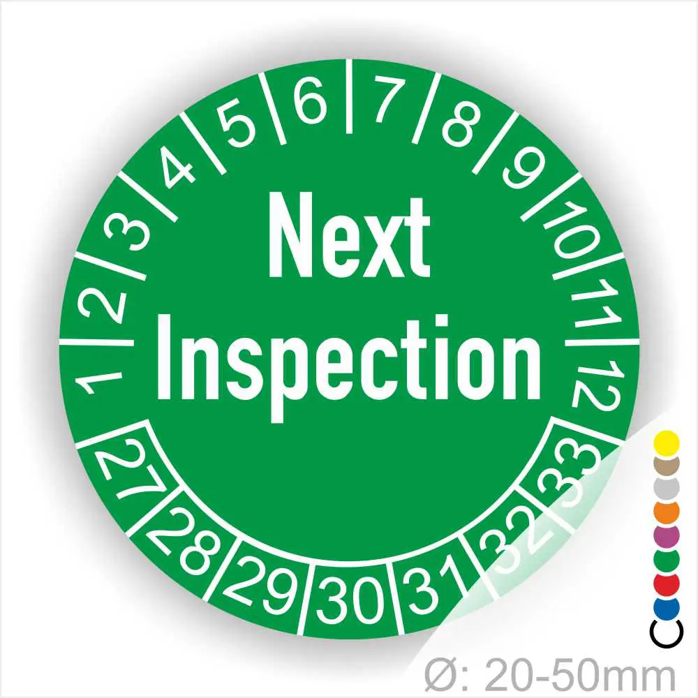 Next Inspection Prüfplakette grün mit Monats- und Jahresring, runde Prüfplakette zur Kennzeichnung des nächsten Inspektionstermins, Durchmesser 20–50 mm