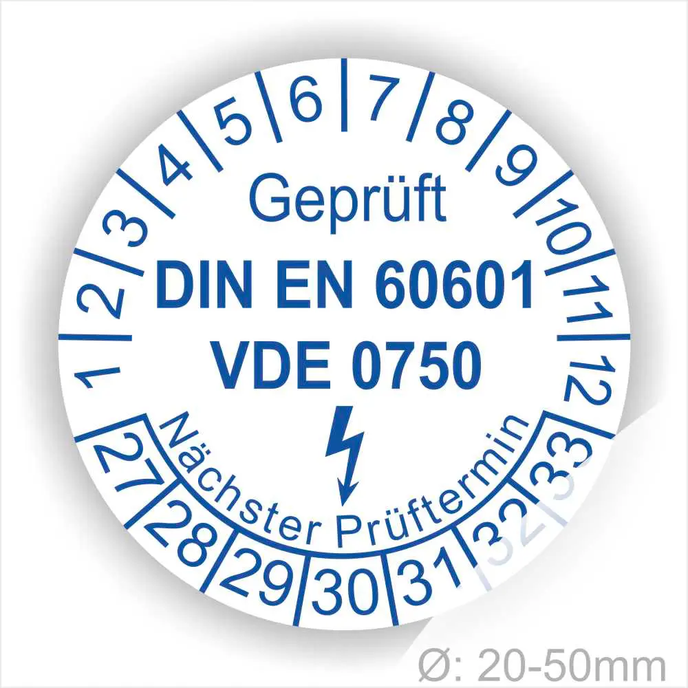 Runde weiß-blaue Prüfplakette „Geprüft DIN EN 60601 VDE 0750“ für Medizinprodukte mit Monatsring und Jahresring, Blitzsymbol und Aufdruck „Nächster Prüftermin“, Ø 20–50 mm