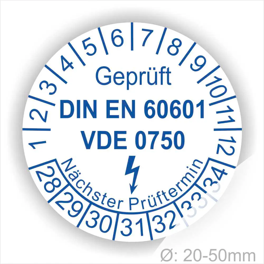 Prüfsiegel mit den Normen DIN EN 60601 und VDE 0750, zeigt den nächsten Prüftermin an und ist für Geräte mit einem Durchmesser von 20-50 mm geeignet.