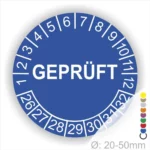 Runde blaue Prüfplakette mit Aufdruck „GEPRÜFT“, Monatsring und Jahresring zur neutralen Kennzeichnung geprüfter Geräte und Anlagen, Ø 20–50 mm