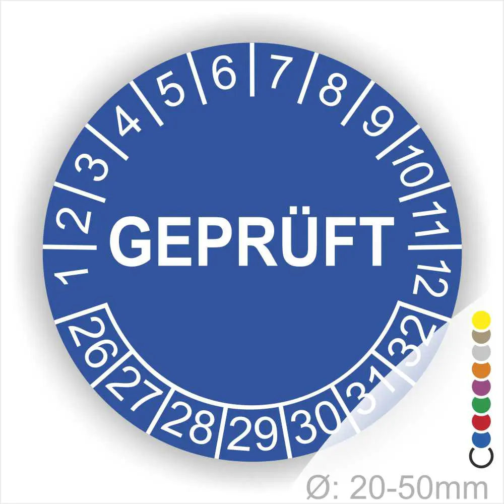 Runde blaue Prüfplakette mit Aufdruck „GEPRÜFT“, Monatsring und Jahresring zur neutralen Kennzeichnung geprüfter Geräte und Anlagen, Ø 20–50 mm