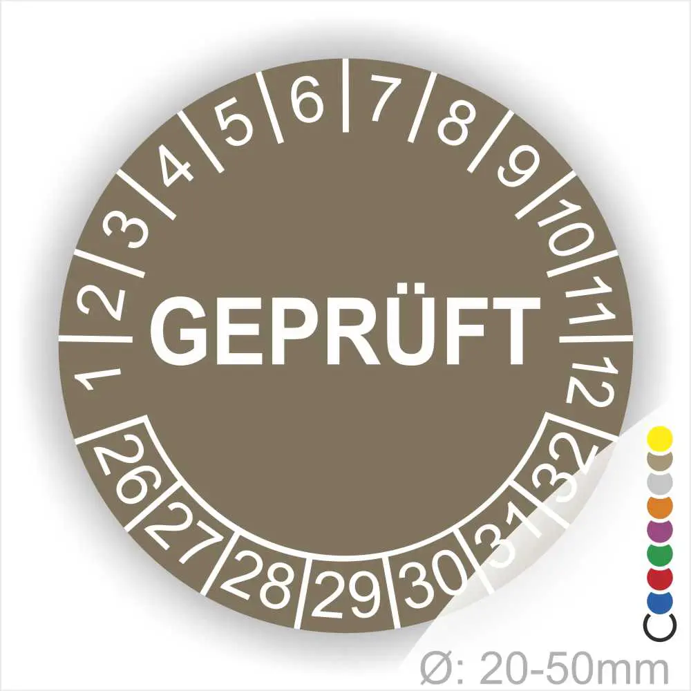 Rundes Prüfzeichen mit der Aufschrift "GEPRÜFT", umgeben von nummerierten Markierungen von 1 bis 32. Geeignet für Durchmesser von 20-50 mm, in verschiedenen Farben erhältlich. Ideal für Qualitätskontrollen und Zertifizierungen.