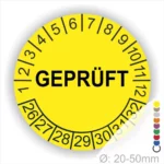 Gelbes Prüfetikett mit der Aufschrift "GEPRÜFT", umgeben von Zahlen von 1 bis 32, für Objekte mit einem Durchmesser von 20-50 mm.