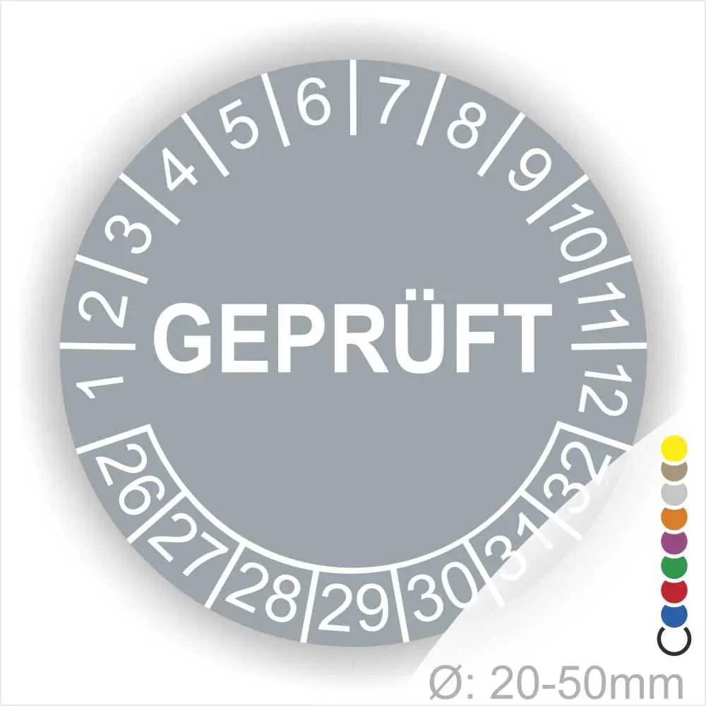 Rundschild mit der Aufschrift "GEPRÜFT" und Zahlen von 1 bis 32, geeignet für Durchmesser von 20-50 mm, in grauer Farbe.
