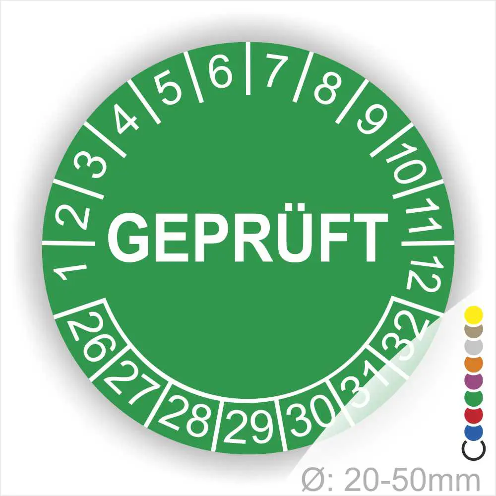 Grünes Prüfzeichen mit der Aufschrift "GEPRÜFT", umgeben von Zahlen von 1 bis 32, zeigt einen Durchmesser von 20-50 mm an. Ideal für die Kennzeichnung geprüfter Produkte oder Geräte.