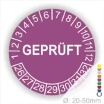 Runder Prüfaufkleber mit der Aufschrift "GEPRÜFT", umgeben von Zahlen von 1 bis 32, für Durchmesser 20-50 mm, zur Kennzeichnung von geprüften Objekten.