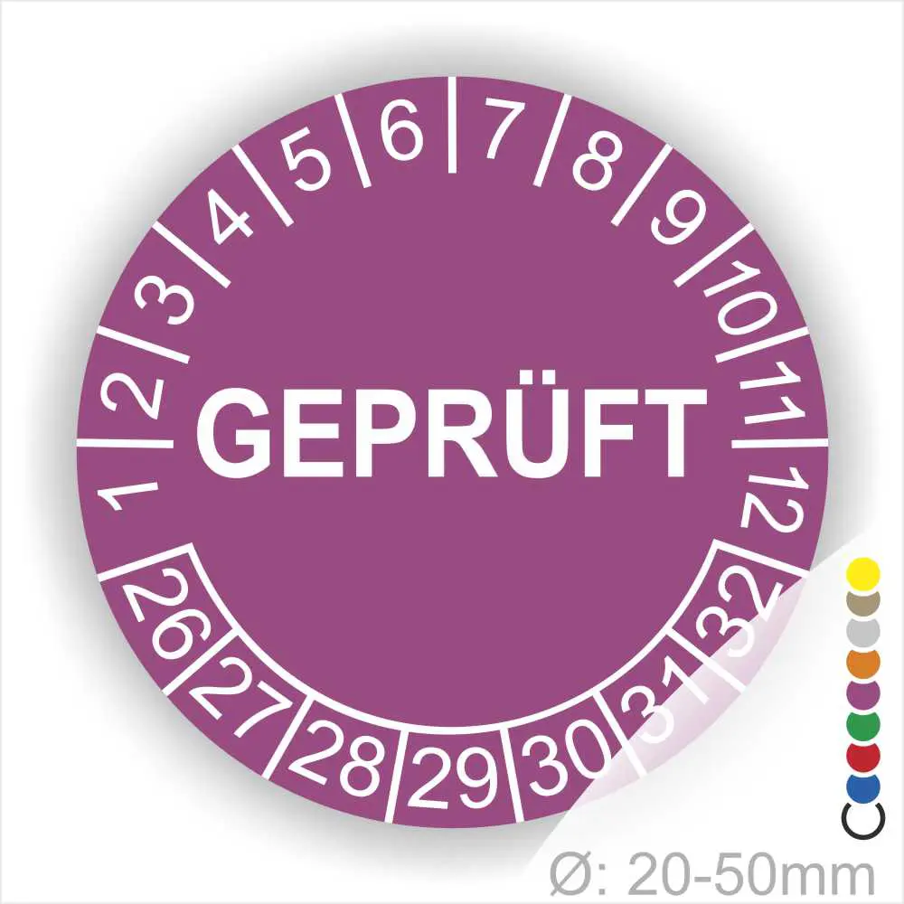 Runder Prüfaufkleber mit der Aufschrift "GEPRÜFT", umgeben von Zahlen von 1 bis 32, für Durchmesser 20-50 mm, zur Kennzeichnung von geprüften Objekten.