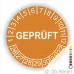 Runder Prüfaufkleber in Orange mit der Aufschrift "GEPRÜFT" und Zahlen von 1 bis 32, geeignet für Durchmesser von 20-50 mm. Ideal für die Kennzeichnung von geprüften Gegenständen.