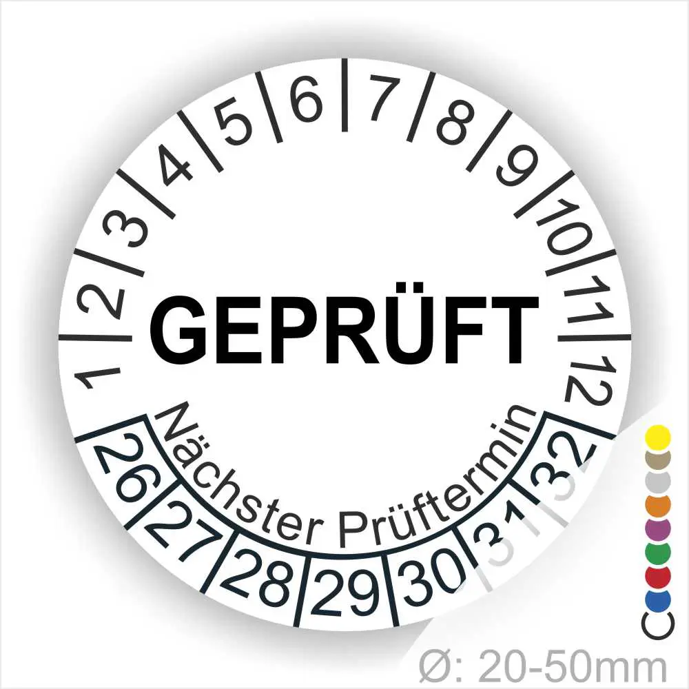 Rundstempel mit der Aufschrift "GEPRÜFT" und dem Hinweis auf den nächsten Prüftermin, geeignet für Durchmesser von 20-50 mm. Ideal für Qualitätskontrollen und Prüfberichte.