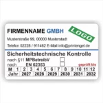 Sicherheitstechnische Kontrolle STK Prüfetikett nach §11 MPBetreibV und EN 62353 mit Firmenname, Logo, Monats- und Jahreskennzeichnung, geprüft-bis-Angabe