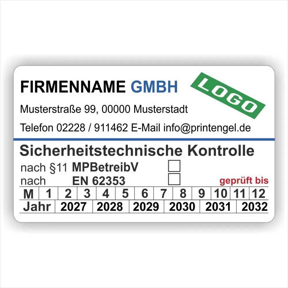 Sicherheitstechnische Kontrolle STK Prüfetikett nach §11 MPBetreibV und EN 62353 mit Firmenname, Logo, Monats- und Jahreskennzeichnung, geprüft-bis-Angabe