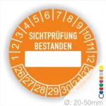 Prüfplaketten SICHTPRÜFUNG BESTANDEN mit Beschriftungsfeld in Weiß. Als nächstes kommt ein Beschriftungs feld / Leer Feld in Farbe Weiß. Startjahr- 26, Monatszahlen Oben und Jahreszahlen Unten in Kreisform.