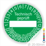 Prüfetiketten rund, Farbe- Gruen, Text "Technisch geprüft" in Weiß. Als nächstes kommt ein Beschriftungsfeld / Leer Feld in Farbe Weiß. Startjahr- 27, Monatszahlen Oben und Jahreszahlen Unten in Kreisform. über den Jahreszahlen Text "Nächster Prüftermin"