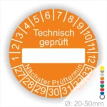 Prüfetiketten rund, Farbe- Rot, Text "Technisch geprüft" in Weiß. Als nächstes kommt ein Beschriftungsfeld / Leer Feld in Farbe Weiß. Startjahr- 27, Monatszahlen Oben und Jahreszahlen Unten in Kreisform. über den Jahreszahlen Text "Nächster Prüftermin"