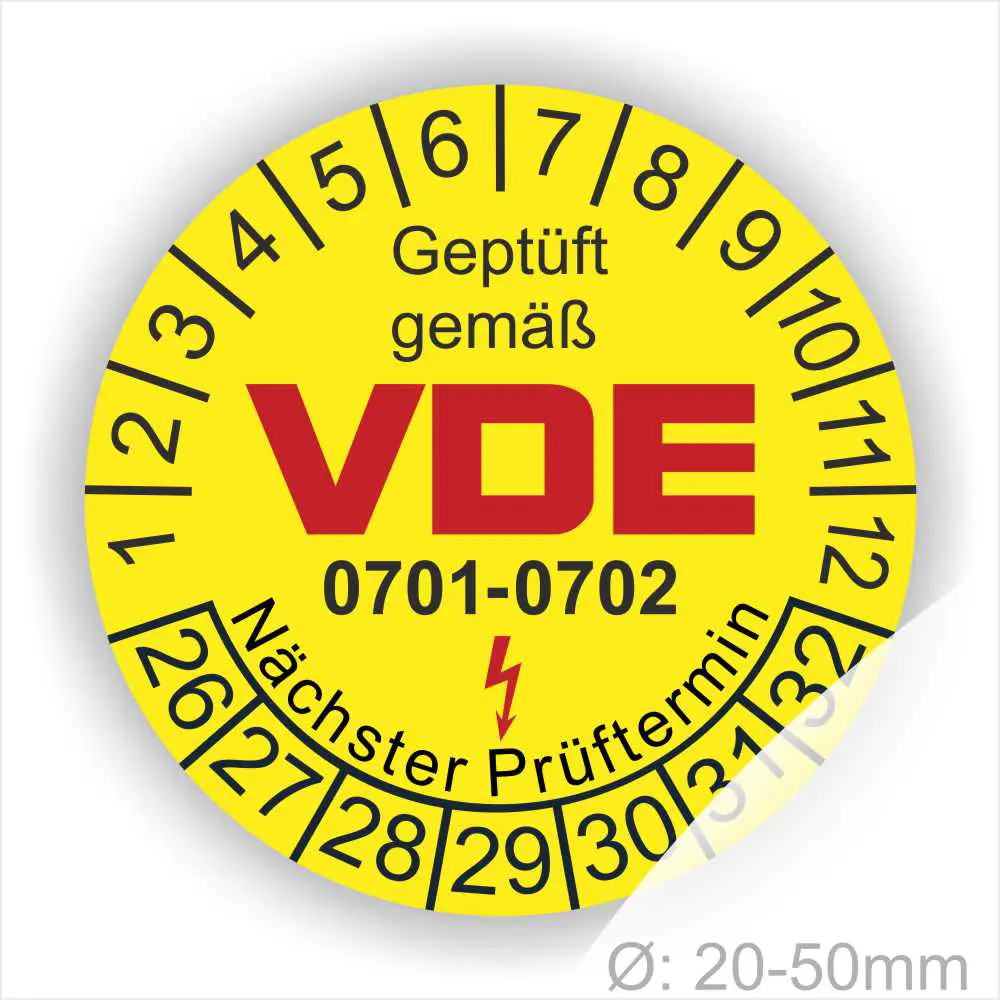 Gelbes Prüflabel mit der Aufschrift "Geprüft gemäß VDE 0701-0702" und Angaben zum nächsten Prüftermin, geeignet für elektrische Geräte im Durchmesser von 20-50 mm.