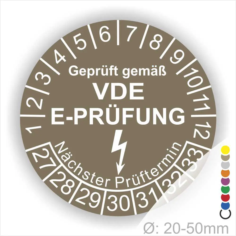 VDE E-Prüfungsaufkleber mit Prüfdatum und nächstem Prüftermin, geeignet für Geräte mit einem Durchmesser von 20-50 mm.