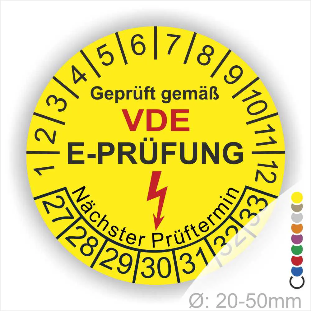 Runder gelber VDE E-Prüfung Prüfaufkleber mit Monats- und Tagesring, Blitzsymbol und Aufdruck „Nächster Prüftermin“, Durchmesser 20–50 mm