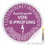 VDE E-Prüfungsaufkleber mit Prüfintervall und nächstem Prüftermin, geeignet für Geräte mit einem Durchmesser von 20-50 mm.