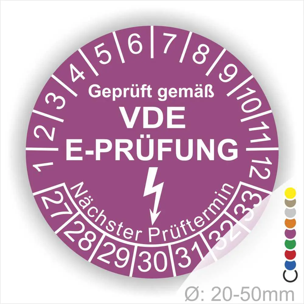 VDE E-Prüfungsaufkleber mit Prüfintervall und nächstem Prüftermin, geeignet für Geräte mit einem Durchmesser von 20-50 mm.